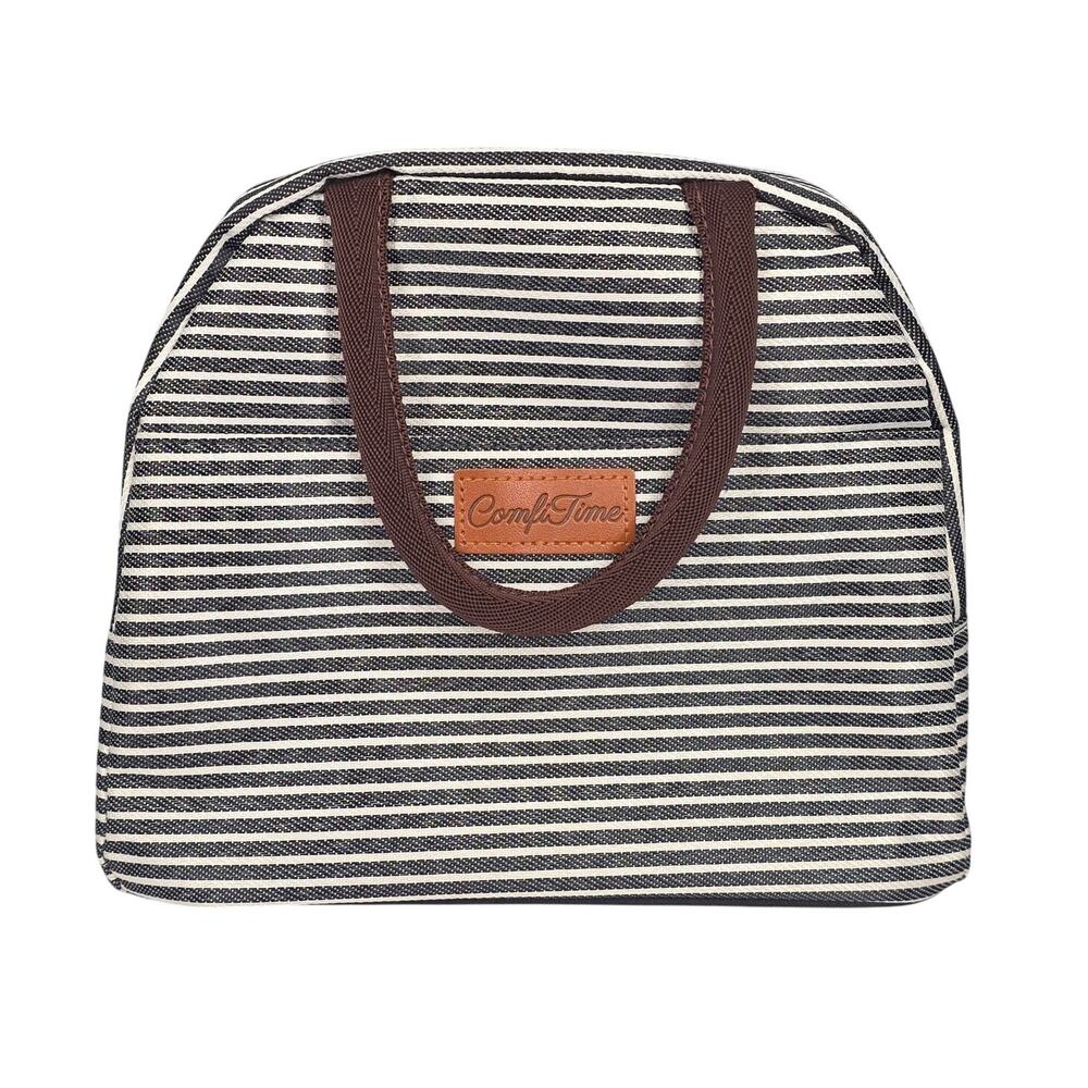 COMFYTIME INSULATED LUNCH BAG – BLACK/WHITE STRIPES – ZIP TOP / THERMAL LINING
